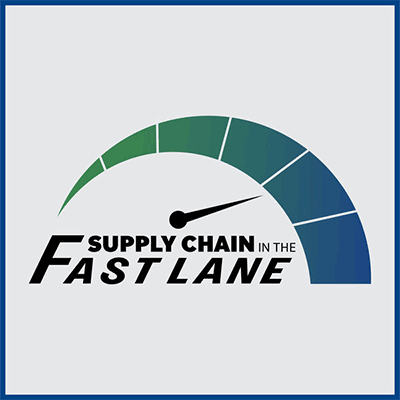 An arc with an arrow that looks like a speedometer. Underneath is says: Supply Chain in the Fast Lane